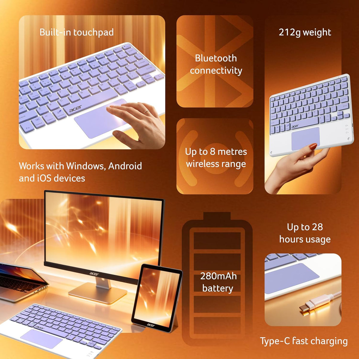 Acer Nano Pad Touch Wireless Keyboard with Built-in Touchpad | Bluetooth Multi-Device Support | 280mAh Rechargeable Battery | Ultra-Slim Portable Design for Windows, Android, iOS & Mac | Blue